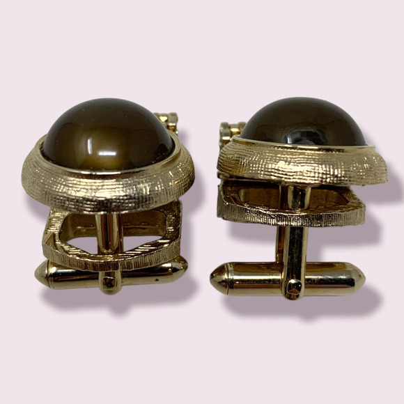 Vintage Brown Cabochon & Gold Tone Wraparound Mesh Cuff Links Art Deco Nouveau - Picture 2 of 3